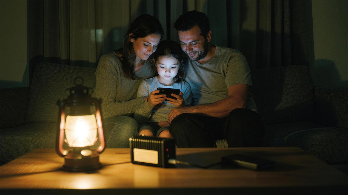 A family in a dark living room during a power outage, reading from phones connected to a Blackout Library lit by a lantern.