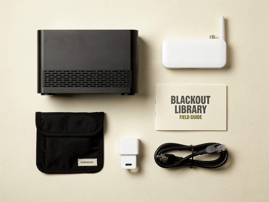 Signature: device, router, Faraday sleeve, field guide, power supply, rendering