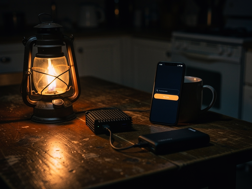 Blackout Library One on a kitchen table during an outage, rendering