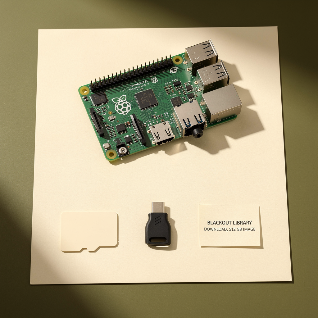 Blackout Library Download: a Raspberry Pi, a blank microSD card and a card reader, ready to write the 512 GB library image.