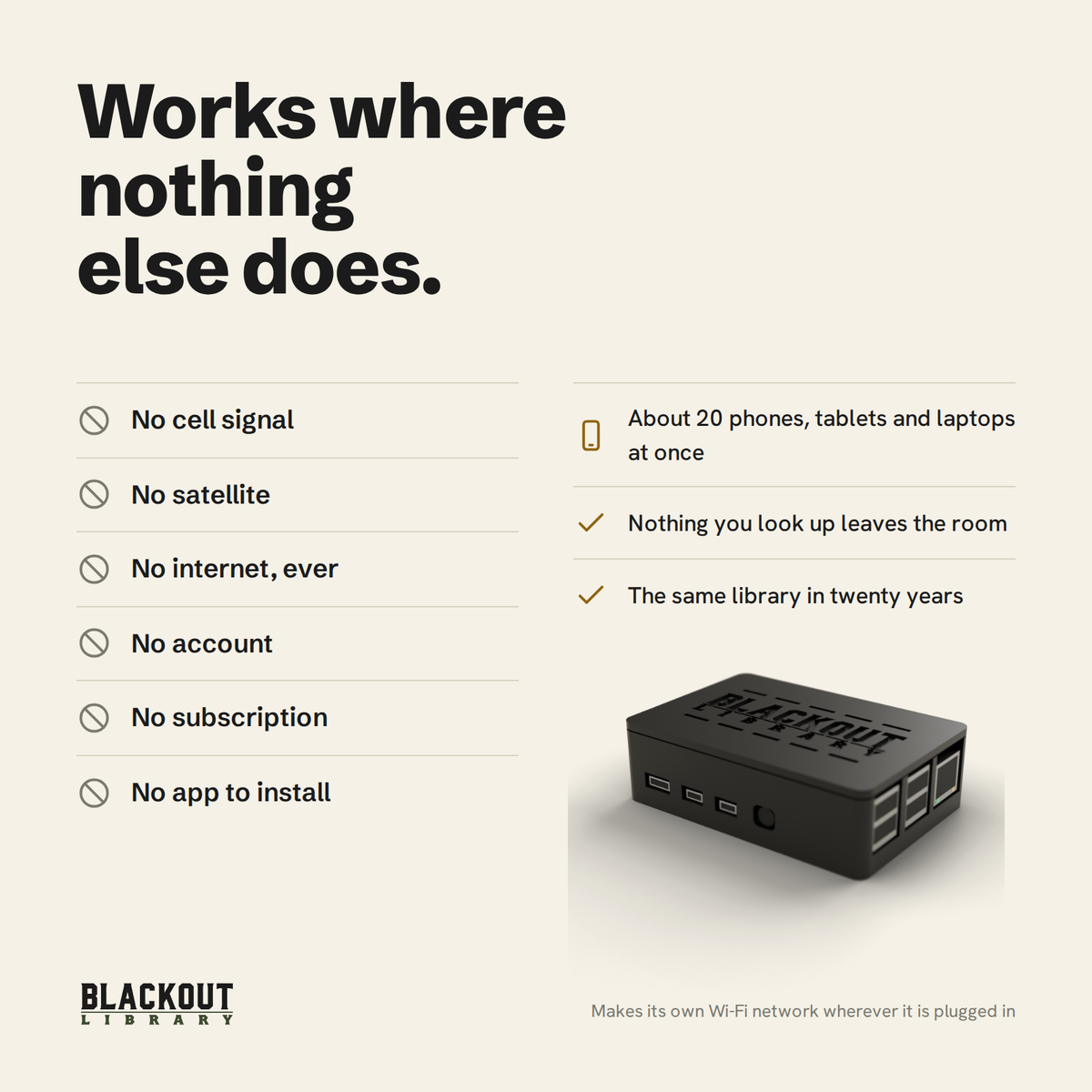 Works where nothing else does: no cell signal, satellite, internet, account, subscription or app