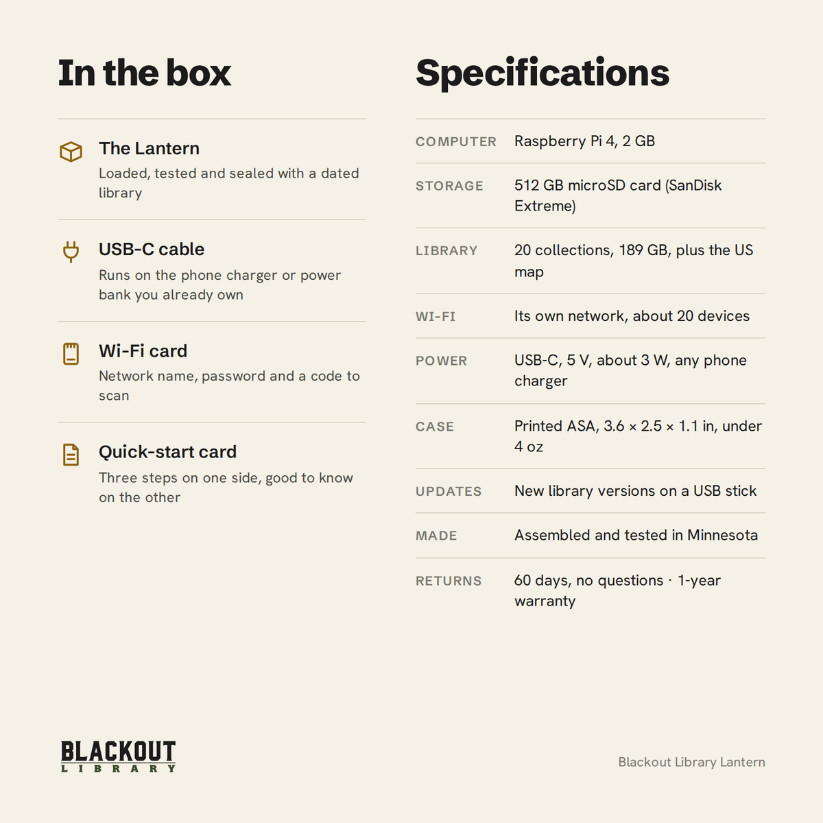 What's in the box (cable, cards, sticker), and the specifications